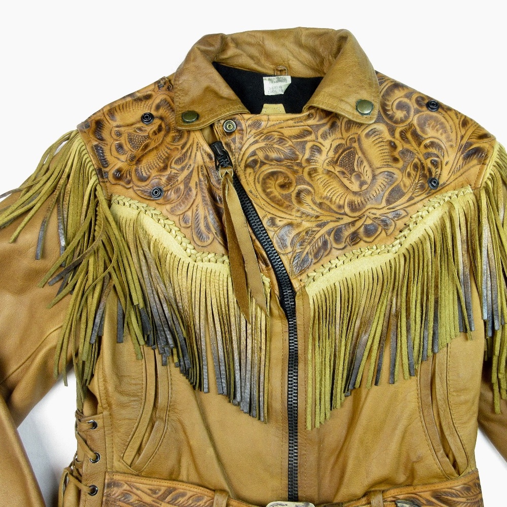 VTG 70's Leather Fringe Motorcycle Jacket Sz Small - Picture 3 of 15